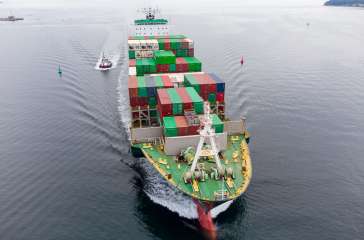 Aerial top view big container ship, shipping or transportation concept background.