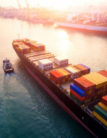Ship for container with working crane bridge in shipyard for Logistic Import Export background